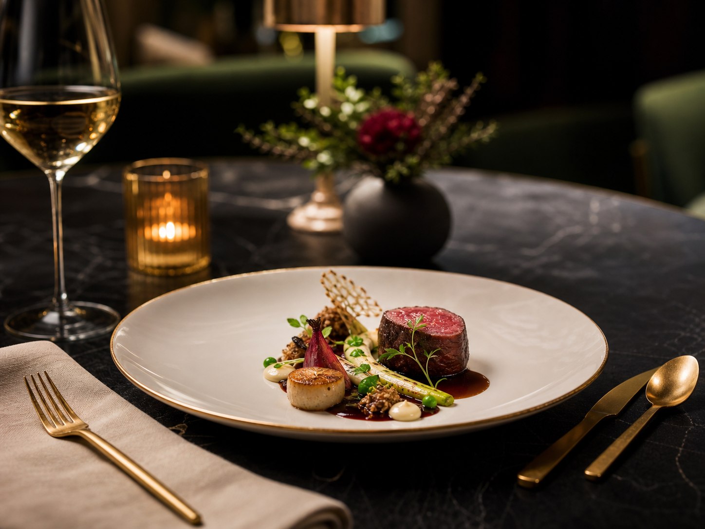 Elegáns fine dining fogás arany evőeszközökkel