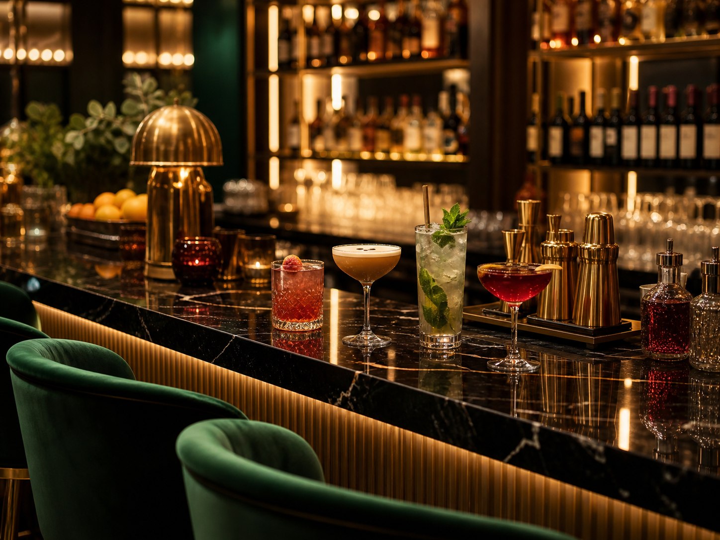 Signature koktélok egy elegáns lounge bárpulton